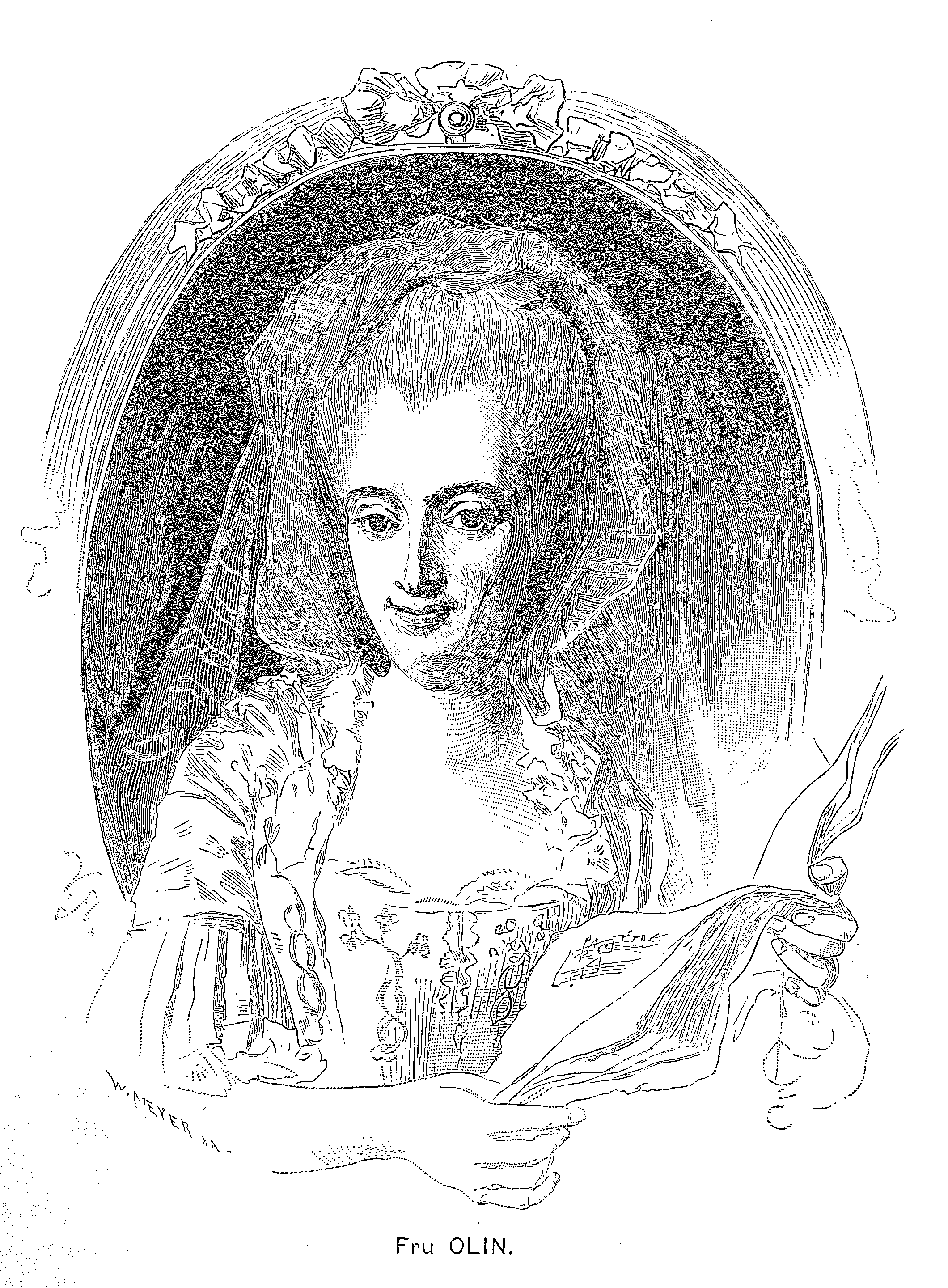 A detailed black and white illustration of a woman in elegant attire, holding a document, set in an ornate oval frame.