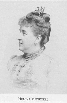 A woman in vintage attire with a decorative hairstyle and jeweled headpiece is in side profile, labeled "Helena Munktell."